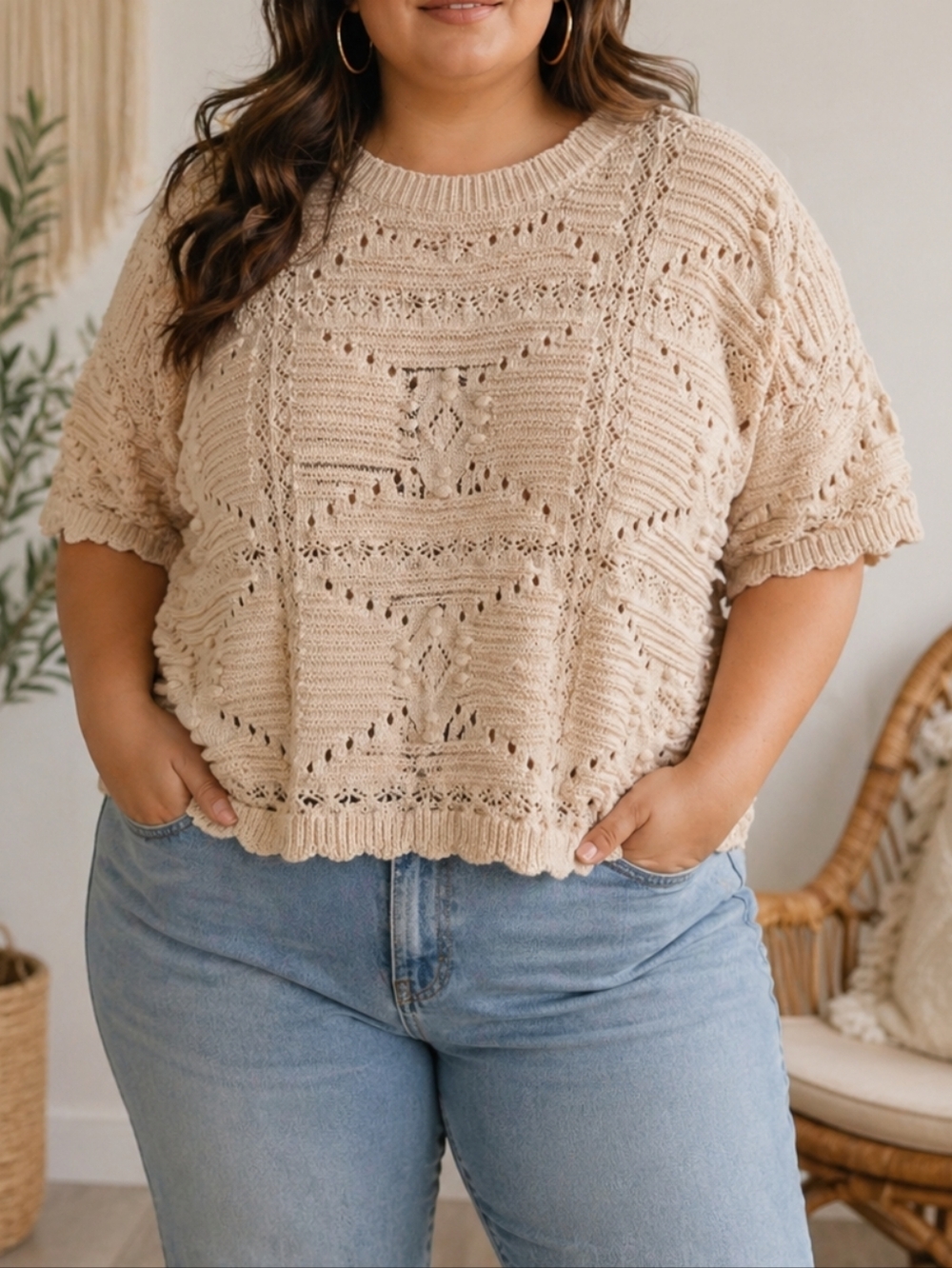Vintage 100% Cotton Textured Knit Top Neutral Beige Short Sleeve Oversized
